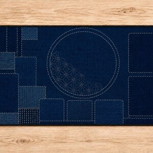 Può includere: Un tappetino da scrivania rettangolare con una texture blu profondo simile al tessuto e un design patchwork. Include contorni bianchi tratteggiati di vari rettangoli e un grande cerchio contenente un motivo geometrico a stella.