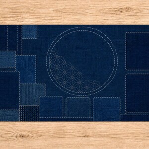Puede incluir: Una alfombrilla de escritorio rectangular con un diseño de patchwork azul oscuro en varios tonos de índigo. La superficie muestra contornos blancos discontinuos de rectángulos y un gran círculo con un patrón de estrella geométrica.