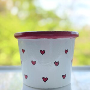 May include: A white ceramic plant pot with a burgundy rim and small red hearts painted on the outside. The pot sits on a reflective surface with a blurred green backdrop.