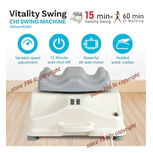 May include: A white Vitality Swing Chi Swing Machine Deluxe Model with a gray padded ankle cradle. The device features a variable speed adjustment, a 15-minute auto shut-off, a 40-watt motor, and a power switch on the side of the base unit.