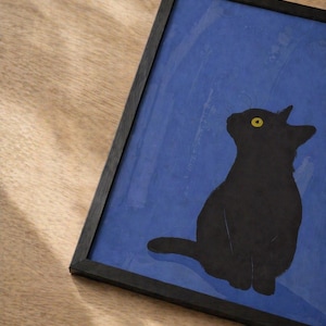 Black Cat Wall Art, Minimalist Cat Print, Blue Aesthetic Poster, Modern Animal Illustration, Cat Lover Gift, Printable Art, Digital Download