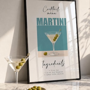 Può includere: Una stampa artistica incorniciata intitolata Cocktail menu MARTINI con l'illustrazione di un bicchiere da martini su sfondo verde acqua, con testo che elenca 75 ml di Gin, 15 ml di Vermouth secco e guarnizione di oliva verde, con bicchiere e olive.