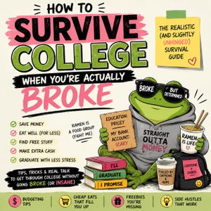 May include: A graphic illustration titled HOW TO SURVIVE COLLEGE WHEN YOU'RE ACTUALLY BROKE. A green frog wears sunglasses labeled BROKE BUT DETERMINED and a hoodie saying STRAIGHT OUTTA MONEY. It holds a sign, ramen, and sits by books and a backpack.