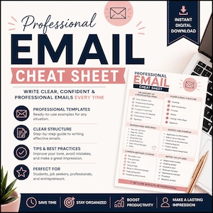 Cheatsheet voor professionele e-mail | Handleiding voor het schrijven van e-mails | Werkplek- en schoolcommunicatie | Digitale download