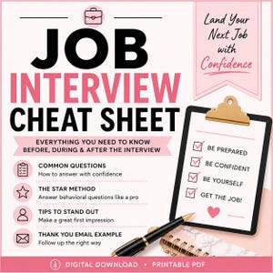 Könnte beinhalten: Ein digitales Spickzettel-Dokument für Vorstellungsgespräche in Rosa und Weiß. Der Text lautet Job Interview Cheat Sheet, Land Your Next Job with Confidence, und enthält Abschnitte zu häufigen Fragen, der STAR-Methode und Tipps.