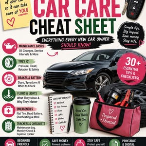 May include: A car care cheat sheet infographic featuring a black car, a car key fob, a spiral-bound checklist, a green travel mug with the text Good Car. Good Habits. Safe You., and a pink storage bag labeled Prepared > Stressed with tools inside.