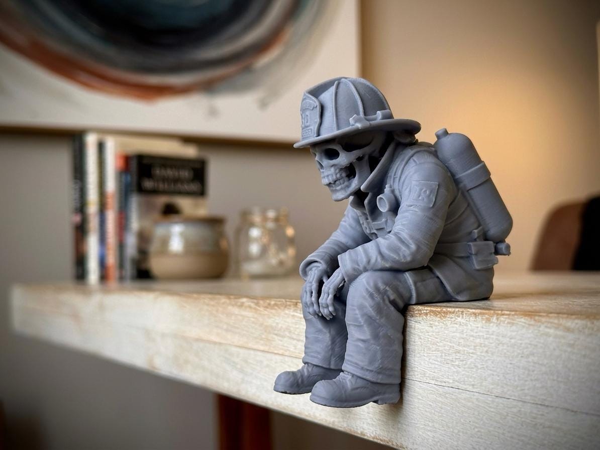 Skeleton Firefighter Shelf Sitter Figurine – Gothic Desk Decor, 3D