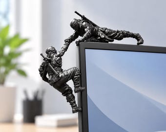 Ninja Monitor Buddy, Helping Hand Figurine Duo, Climbing Ninja Shelf Decor, Office Desk Accessory, Gift for Gamers