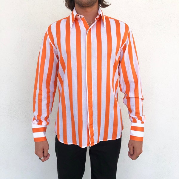 Vintage VTG Designer Thierry Mugler 90s 1990s Orange and White Striped Men's Button Up Top