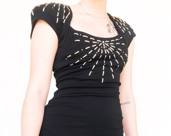 Vintage VTG 1980s 80s Designer Casadei Black Bodycon Dress with Metal Detailing Embellishment