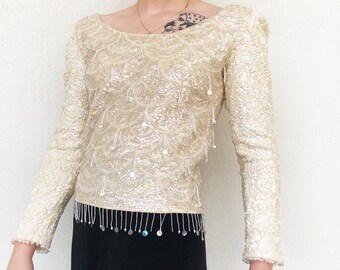 Wool boatneck 50s cream sequin and beaded long sleeve top
