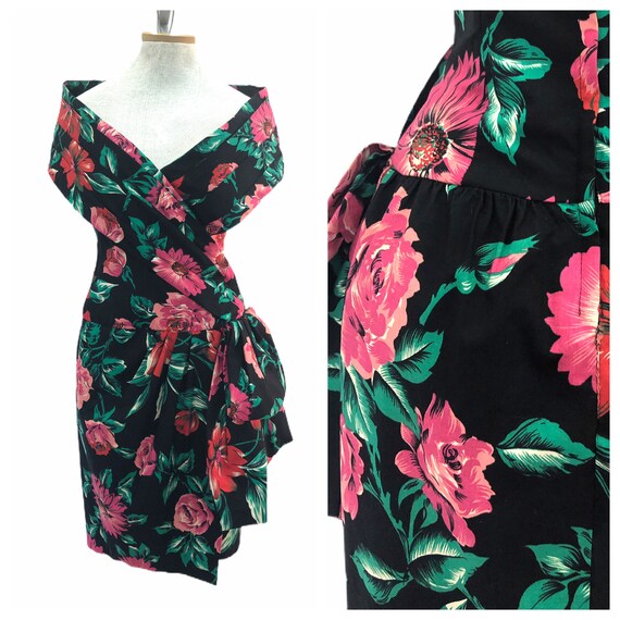 Vintage VTG 1980s does 1950s Garden Party Black Fl