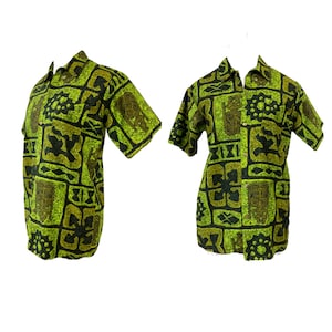 Vtg Vintage 1960s 60s Green Tiki Mask Designer Luau Honolulu Hawaiian Shirt image 1