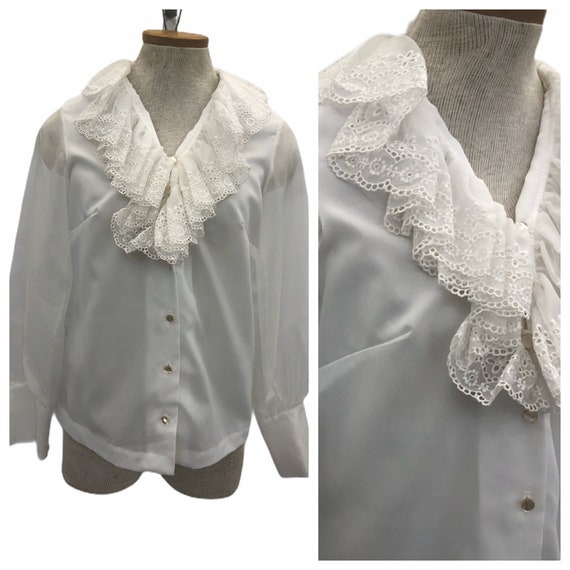 Vintage VTG 1970s 70s White Ruffle Puff Sleeve Rom