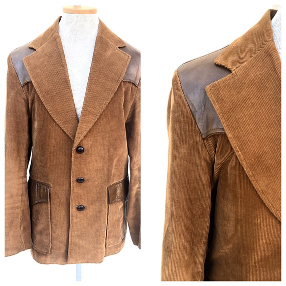Vintage VTG 1970s 70s Brown Corduroy Leather Pione