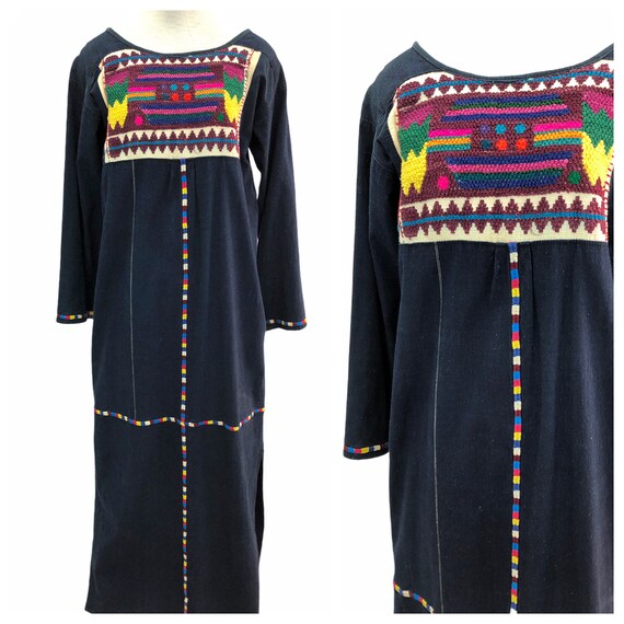 Vintage VTG 1970s 70s Crewel Embroidered Denim Lon
