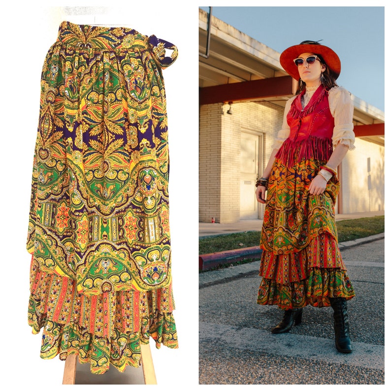 Vintage VTG 1970s 70s Multicolored Paisley Tiered Ruffle Maxi Skirt