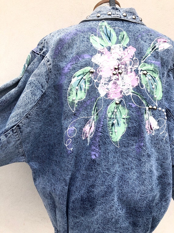 Vintage VTG 1980s 80s Acid Wash Denim Floral Pain… - image 7