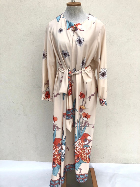 Vintage VTG 1970s 70s Floral Cream Beige Patterne… - image 2