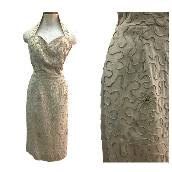Vintage VTG 1940s 40s Beige Piped Rhinestone Halte