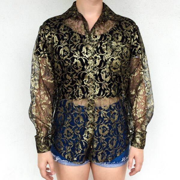 Fabulous 1980's Betsy Johnson Metallic Black and Gold Filigree Blouse