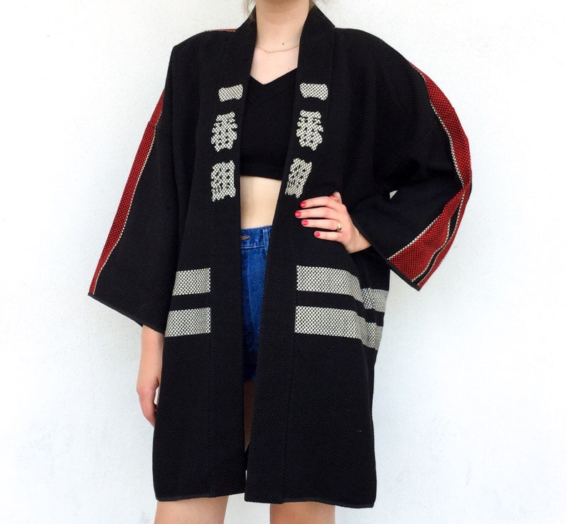 Amazing Vintage Traditional Japanese Character Stitched Fireman Hanten Kimono RobeJacket