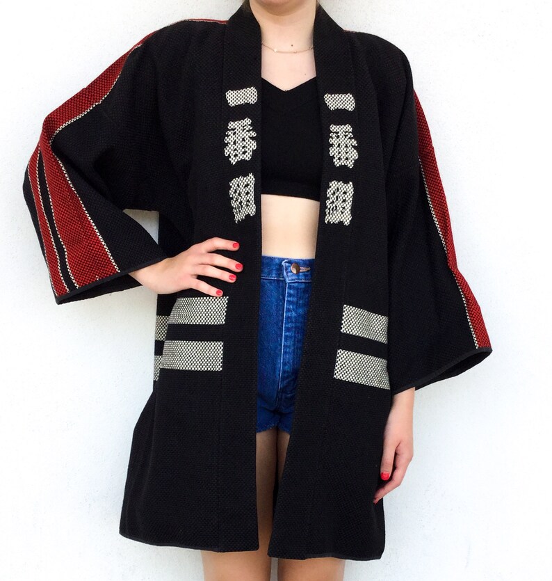Amazing Vintage Traditional Japanese Character Stitched Fireman Hanten Kimono RobeJacket