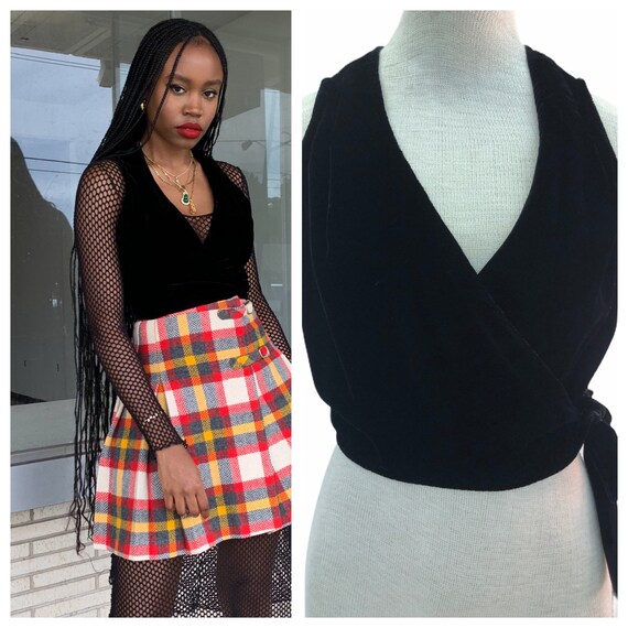 Vintage VTG 1980s 1990s Black Velvet Wrap Crop Top