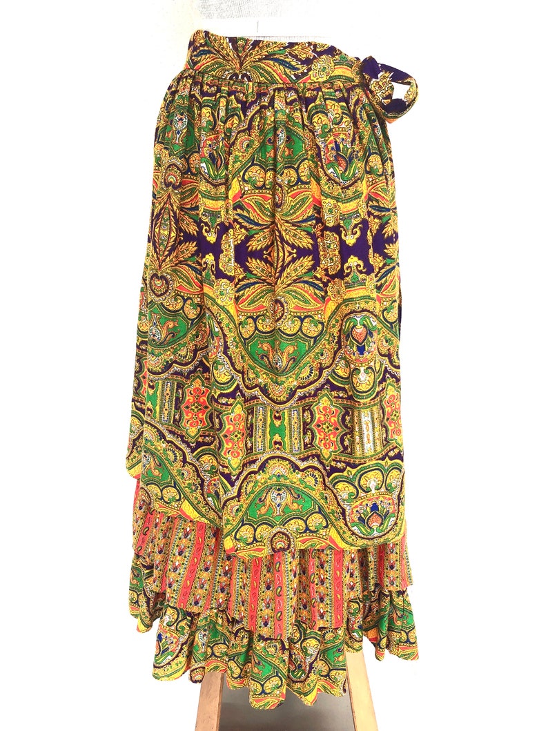 Vintage VTG 1970s 70s Multicolored Paisley Tiered Ruffle Maxi Skirt