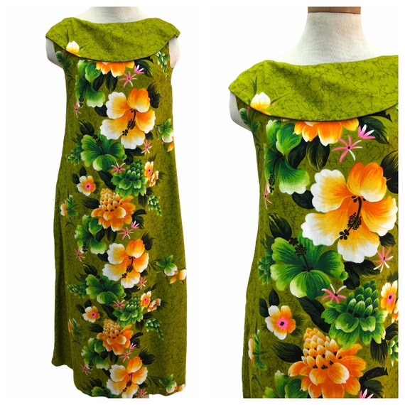 Vintage VTG 1960s 1970s Green Floral Tiki Sleevel… - image 1
