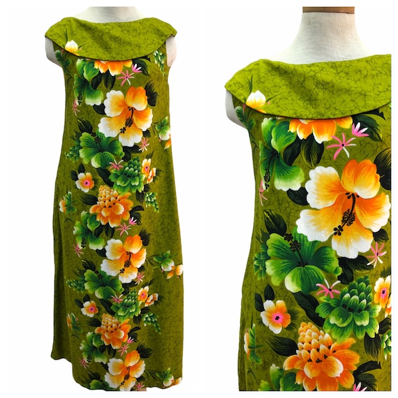 Vintage VTG 1960s 1970s Green Floral Tiki Sleevele