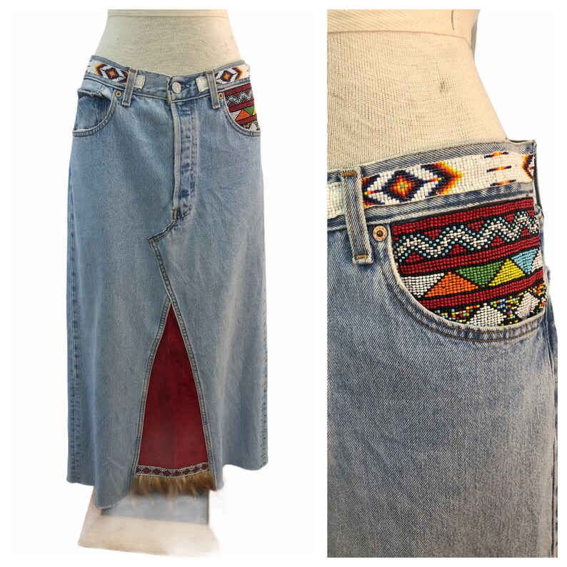 Vintage VTG 1990s 90s Reworked shops Levi's Denim Beaded Feather Maxi Skirt