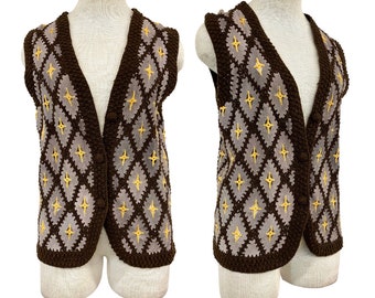 Vtg 70s 1970s Gray Suede Patchwork Knit Crochet Funky Academic Granny Vest