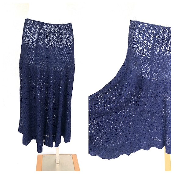 Vintage VTG 1940s 40s Navy Knit Crochet Sheer Midi
