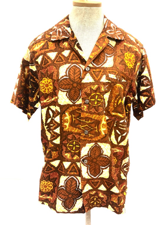Brown 60's unisex tiki patterned button up