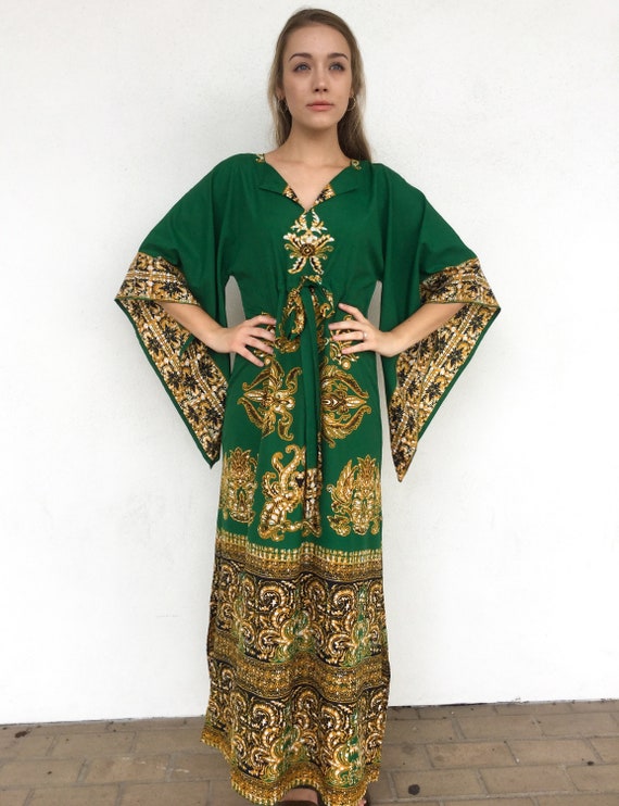 70s Angel Sleeve Green Ethnic Block Print Maxi Dre