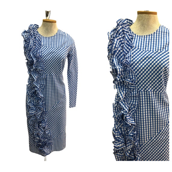 Vintage VTG 1990s White Blue Gingham Asymmetrical… - image 1