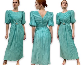 Vtg Vintage 1980s Designer 80s Lillie Rubin Aqua Rhinestone Detail Formal Gown