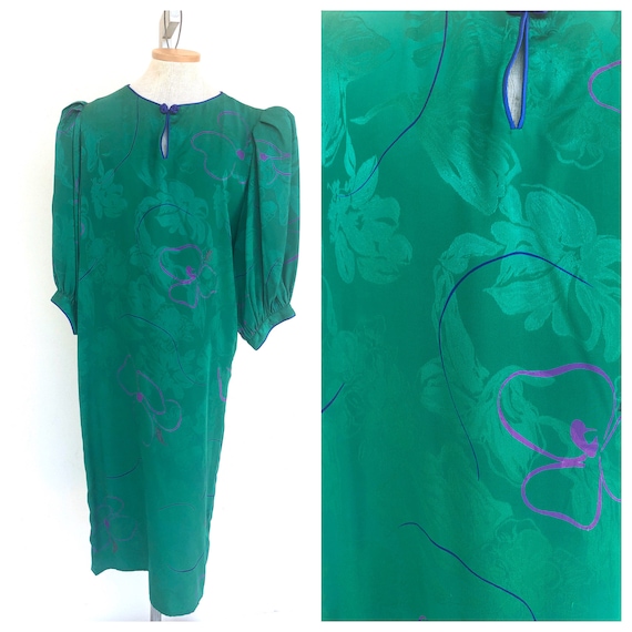 Vintage VTG 1980s 80s Flora Kung Green Silk Floral