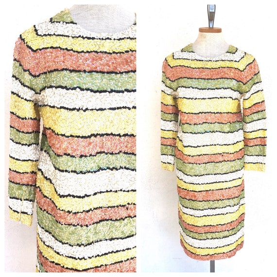 Vintage 60s Imperial Imports Knit Sequin Striped Long Sleeve 