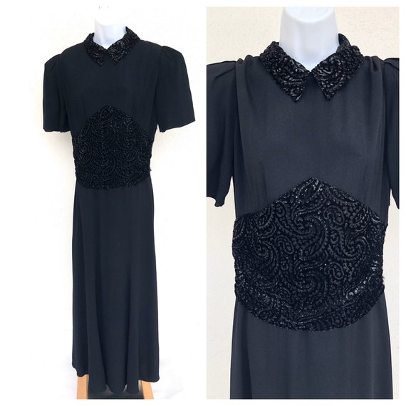 Vintage VTG 1940s 40s Black Crepe Maxi Dress with… - image 1