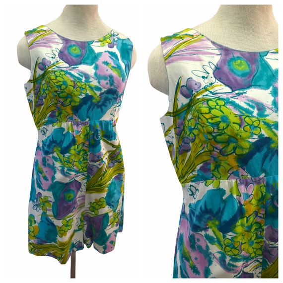 Vintage VTG 1970s 70s Blue Floral Patterned Sleev… - image 1