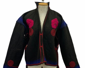 Vintage VTG 1960s 1970s Wool Black Floral Embroidered Jacket Coat