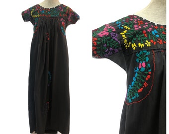 Vintage VTG 1970s 70s Black Mexican Embroidered Floral Summer Maxi Dress