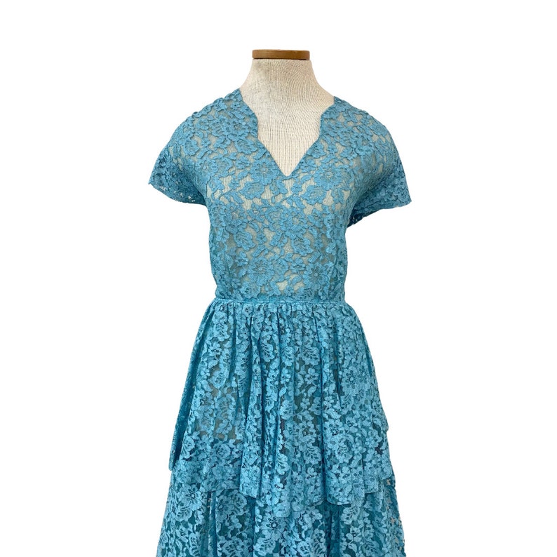 Vtg 50s 1950s Robin's Egg Blue Sheer Lace Pinup Bombshell Tiered Cupcake Dress image 5