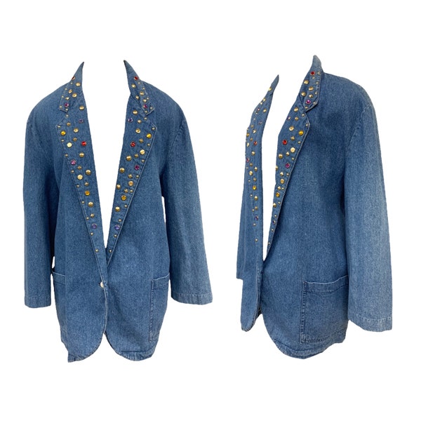 Vtg Vintage 1980s 80s Totally Studded Rhinestone Glam Rock Denim Blazer