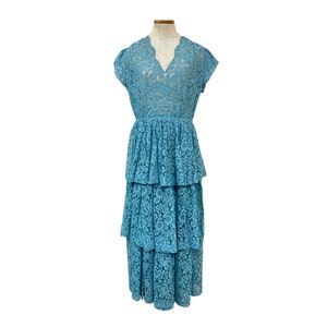Vtg 50s 1950s Robin's Egg Blue Sheer Lace Pinup Bombshell Tiered Cupcake Dress image 4