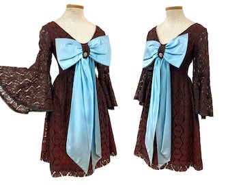 Vtg 60s 70s 1960s Chocolate Brown Lace Bell Sleeve Powder Blue Bow Party Dress