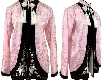 Vtg Vintage 1940s 40s Pink Satin Velvet Embroidered Tassel Japanese Jacket