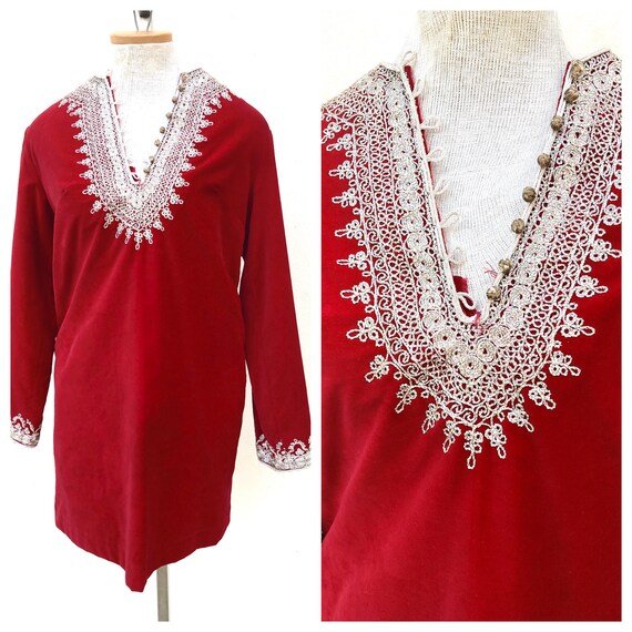 Vintage VTG 1960s 60s Red Velvet Embroidered Long… - image 1